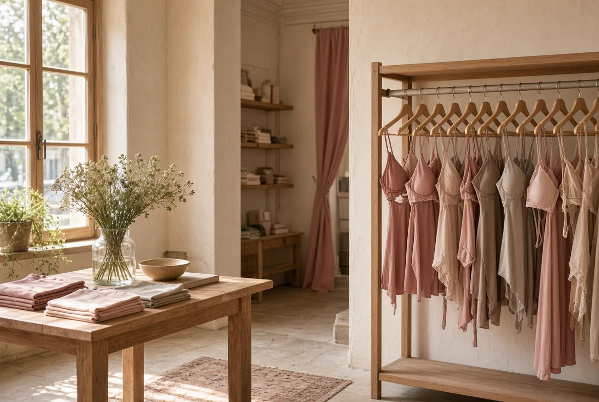 Sélection de lingerie souple présentée sur un portant dans une ambiance boutique