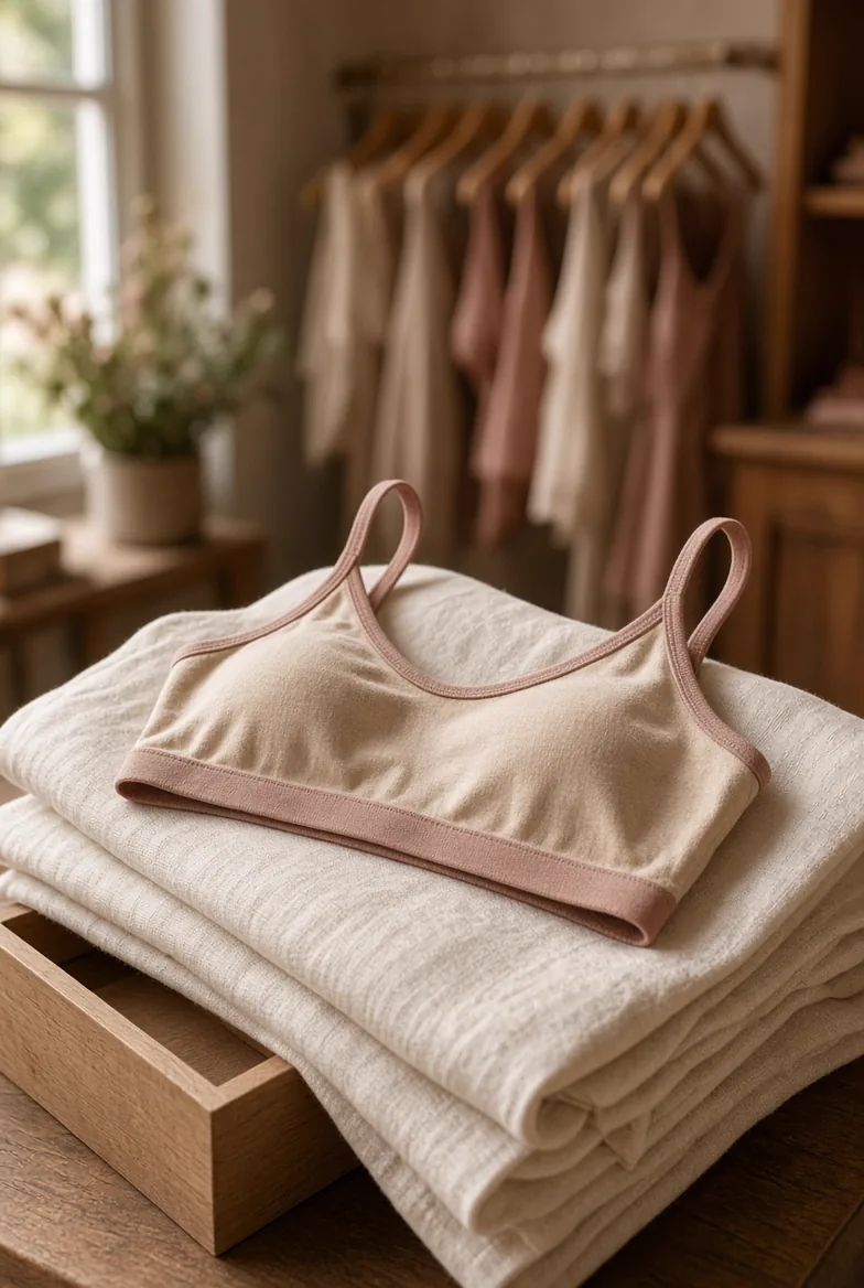 Bralette souple beige et rose présentée sur du linge plié