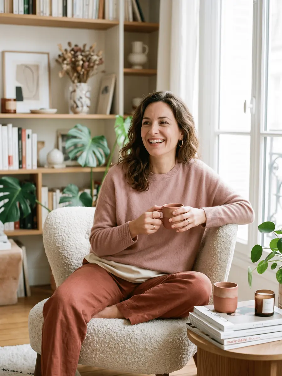 Une femme installée dans un intérieur chaleureux, illustrant l’accompagnement Atoo