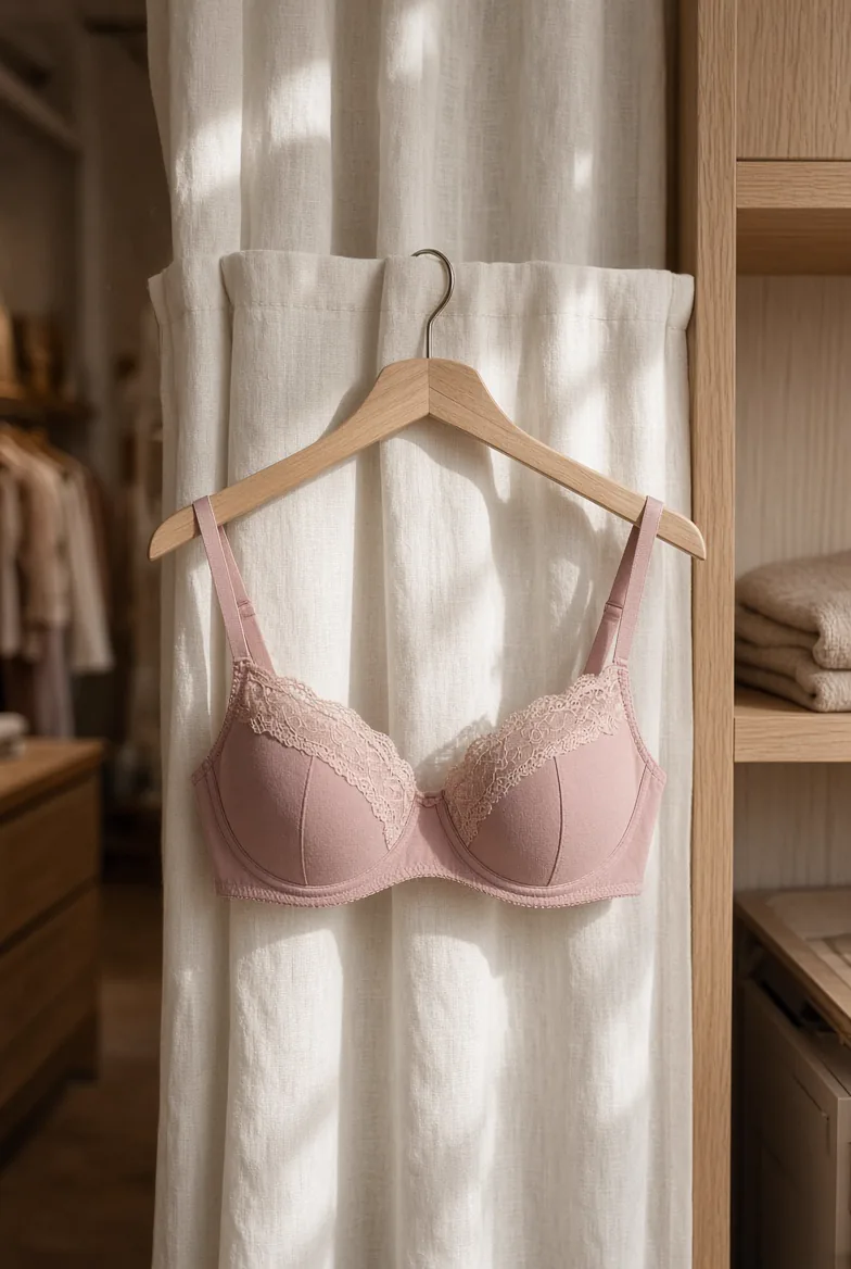 Soutien-gorge rose présenté sur un cintre dans une ambiance boutique